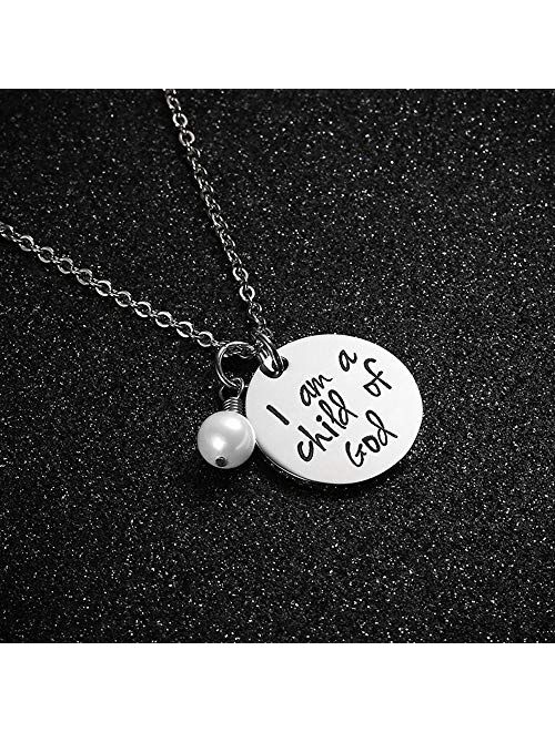 Christian Charm Necklace with Pearl"I Am a Child of God" Gift for Young Girls & Teens Stainless Steel Pendant Religious Jewelry