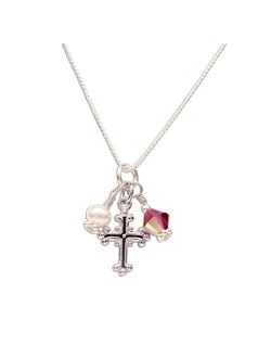 Girl's Sterling Silver First Communion High-end Simulated Crystal Birthstone Cross Necklace with Cultured Pearl
