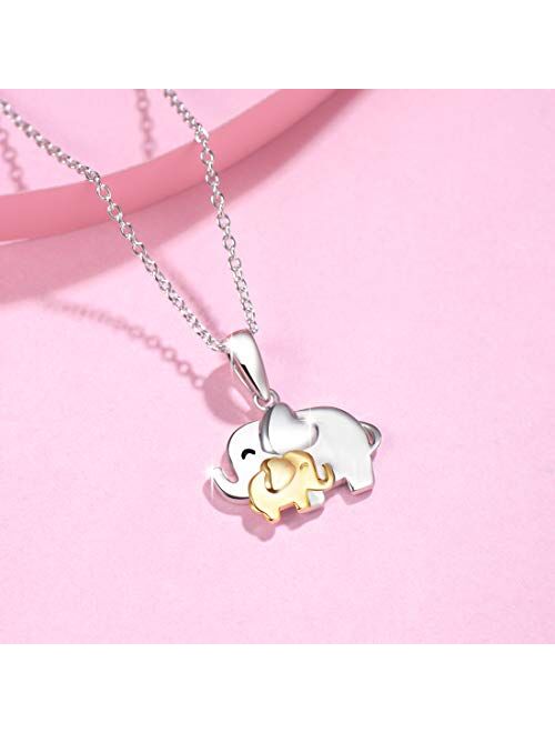 FANCIME White/Yellow/Rose Gold Plated 925 Sterling Silver High Polished Cute Mini Small Lucky Elephant Family Dainty Pendant Necklace For Women Girls, 16" + 2" Extender