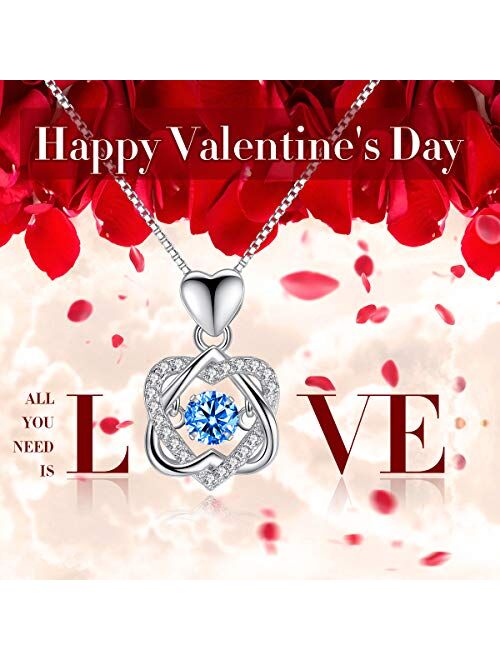 Dancing Heart Necklaces for Women Gifts, Love Pendant Necklace with Diamonds Birthstones from Swarovski,Sterling Silver 18K White Gold Plated, Blue White Rose Gold Charms