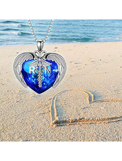 AOBOCO Sterling Silver Registered Nurse RN Caduceus Pendant Necklace with Angel Heart Charm Made with Blue Red Swarovski Crystal, Nurse Nursing School Graduation Gifts fo
