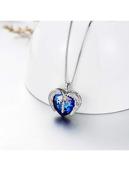 AOBOCO Sterling Silver Registered Nurse RN Caduceus Pendant Necklace with Angel Heart Charm Made with Blue Red Swarovski Crystal, Nurse Nursing School Graduation Gifts fo
