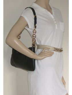 Black Pebbled Leather Gold Tone Chain Link Shoulder Bag, Made In ITALY