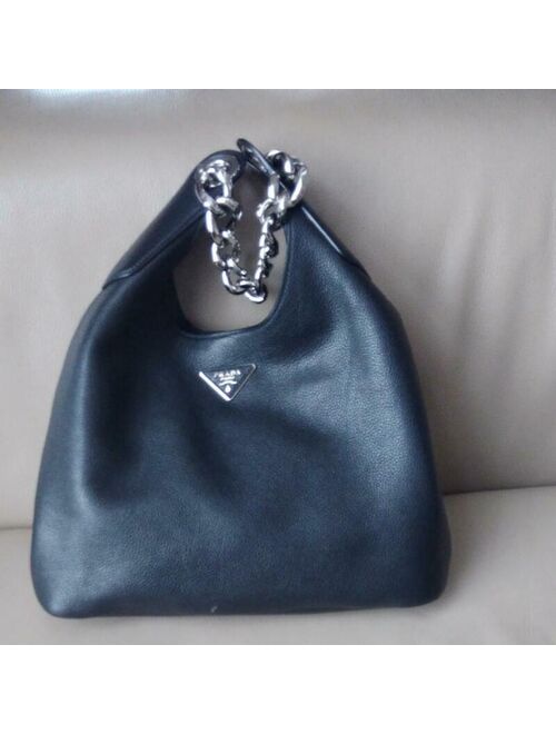 Prada Roads Logo Black Leather Hobo Bag Silver Chain Strap