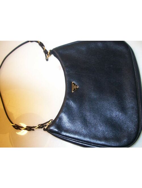 Authentic Prada Bag Black Leather Hobo Shoulder Purse Handbag Italy