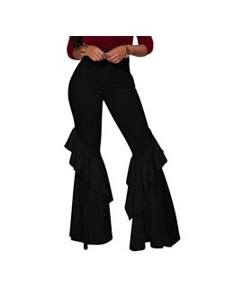 GUOLEZEEV Womens High Waisted Ruffle Flare Fit Pants Solid Color Wide Leg Trousers with Back Zipper