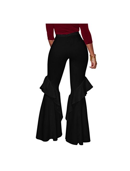 GUOLEZEEV Womens High Waisted Ruffle Flare Fit Pants Solid Color Wide Leg Trousers with Back Zipper