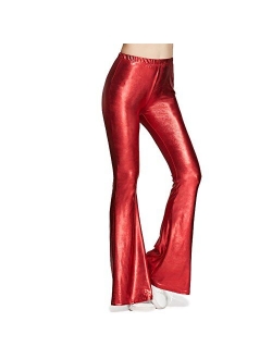 Women Shiny Slim Fit Bell Bottom Flare Pants Metallic Bootcut Palazzo Disco 70s Glam Yoga Fall Leggings