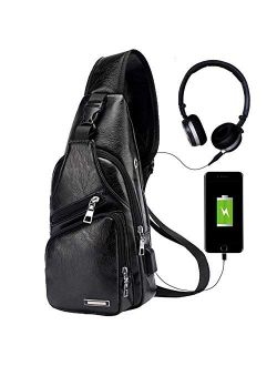 Men's Leather Sling Bag Chest Shoulder Backpack Crossbody Bag with USB Charging Port for Travel, Hiking,Cycling
