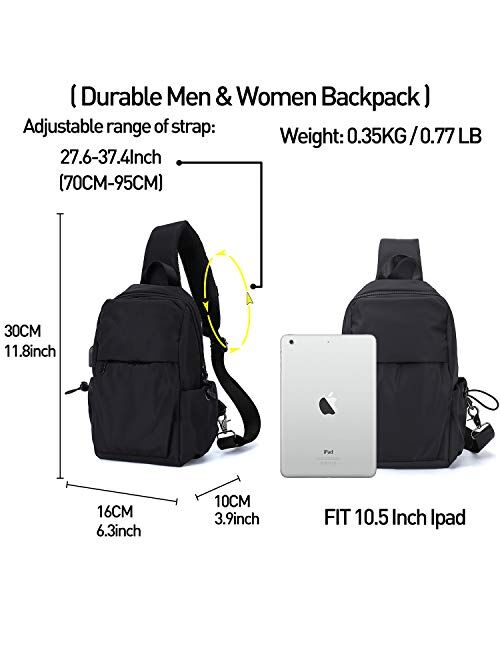 Small Black One Strap Backpack Sling Bag Crossbody Backpack for Men Women, Lightweight Waterproof Sling Backpack Shoulder Bag for Hiking Walking Biking Travel Cycling USB