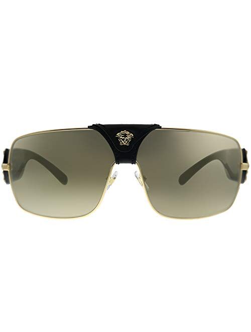 Versace Squared Baroque VE 2207Q 1002/5 Gold Black Leather Metal Square Sunglasses Gold Mirror Lens