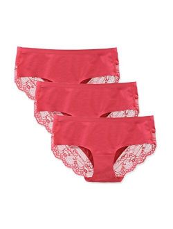 LIQQY Women's 3 Pack Cotton Lace Coverage Seamless Brief Panty Underwear