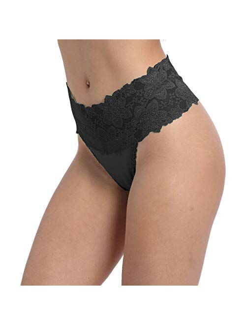 GAREDOB Lace High Waist Retro Cotton Thong Pack of 6,Assorted Different Lace Pattern & Colors