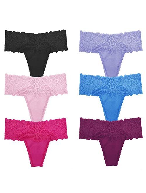 GAREDOB Lace High Waist Retro Cotton Thong Pack of 6,Assorted Different Lace Pattern & Colors