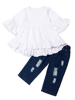 Toddler Girl Clothes Floral Ruffle Tops Shredded Jeans Pants Sets Little Girls Outfits