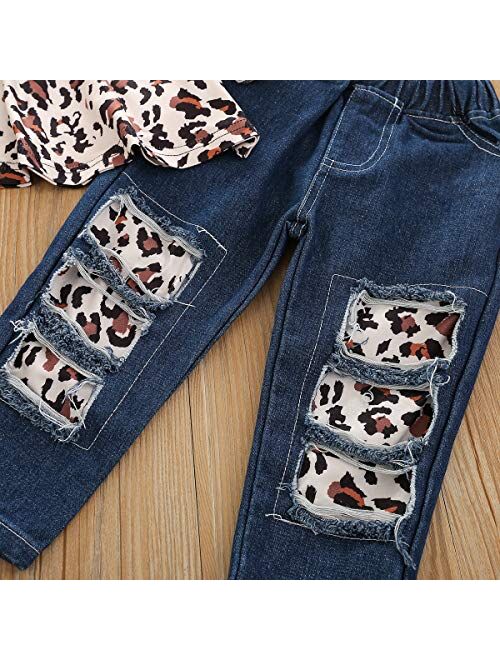 Toddler Girl Clothes Floral Ruffle Tops Shredded Jeans Pants Sets Little Girls Outfits
