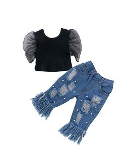 citgeett Toddler Baby Girls Denim Outfits Off Shoulder Tube Top+Ripped Jeans Pants Set Kids Summer Clothes