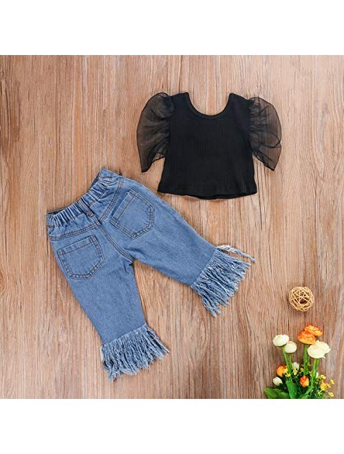 citgeett Toddler Baby Girls Denim Outfits Off Shoulder Tube Top+Ripped Jeans Pants Set Kids Summer Clothes