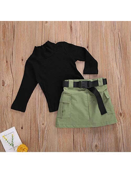 DuAnyozu Toddler Little Girl Skirt Outfits Feather Sleeve Tshirt Tops & Mini Corduroy Skirts Kids Fashion Clothes