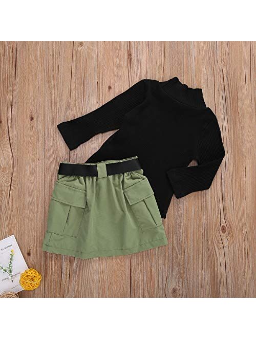 DuAnyozu Toddler Little Girl Skirt Outfits Feather Sleeve Tshirt Tops & Mini Corduroy Skirts Kids Fashion Clothes