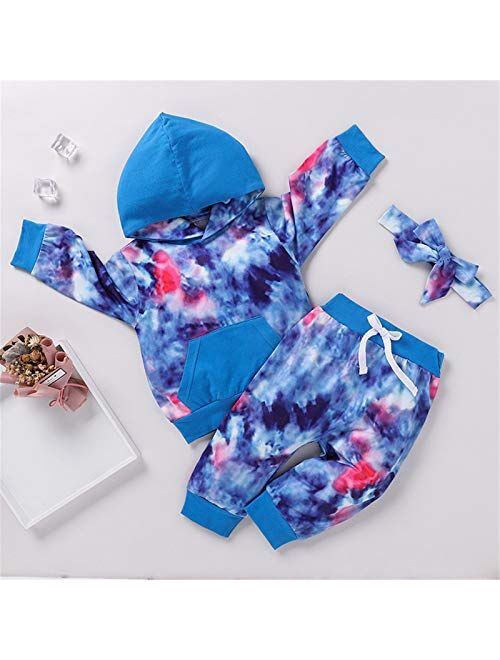 Infant Toddler Baby Hoodies Set Boy Girl Fall Winter Tie Dye Long Sleeve Sweatshirt with Hat Pants Tracksuit Outfit