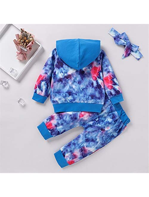Infant Toddler Baby Hoodies Set Boy Girl Fall Winter Tie Dye Long Sleeve Sweatshirt with Hat Pants Tracksuit Outfit