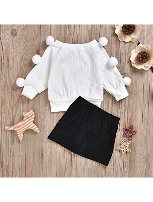 Kids Baby Girl Winter Skirt Outfit Set Ball Ribbed Knit Sweater Shirt Tops + Black Pencil Skirts Fall Clothing Set
