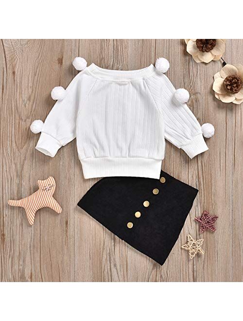 Kids Baby Girl Winter Skirt Outfit Set Ball Ribbed Knit Sweater Shirt Tops + Black Pencil Skirts Fall Clothing Set