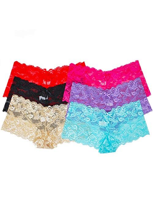 Rose 6 Pack of Women's Regular & Plus Size Lace Boyshort Panties