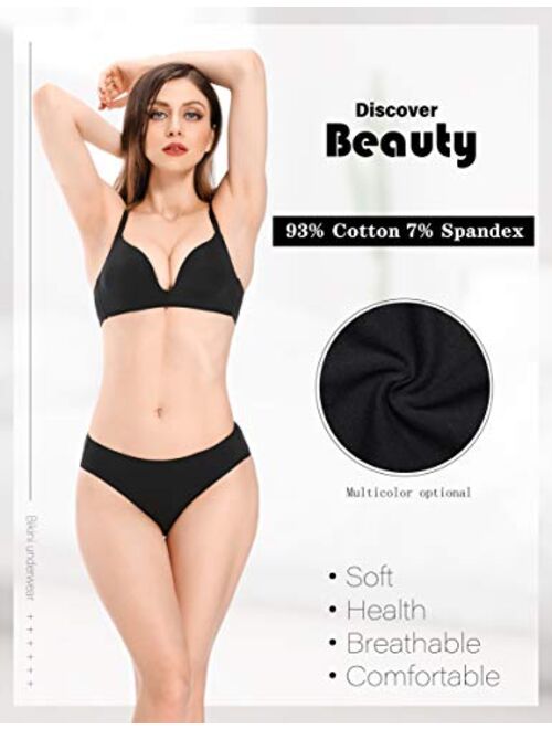 POKARLA Women's Hi-Cut Bikini Panties Soft Stretch Cotton Underwear Hipster Ladies Briefs 6-Pack(Regular & Plus Size)