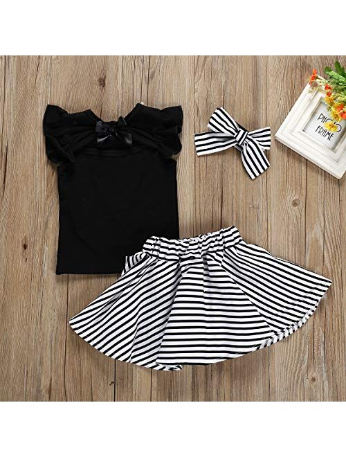 3Pcs Toddler Kids Girls Skirt Set Flare Sleeves Top+Black Striped Skirt Bow Summer Clothes Set