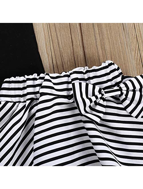 3Pcs Toddler Kids Girls Skirt Set Flare Sleeves Top+Black Striped Skirt Bow Summer Clothes Set