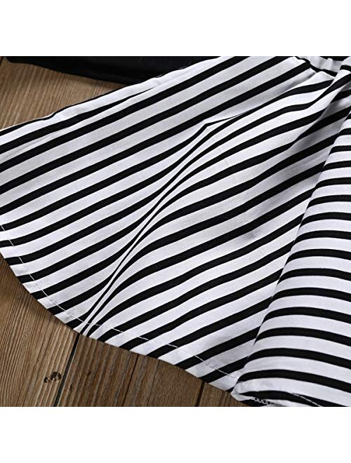 3Pcs Toddler Kids Girls Skirt Set Flare Sleeves Top+Black Striped Skirt Bow Summer Clothes Set