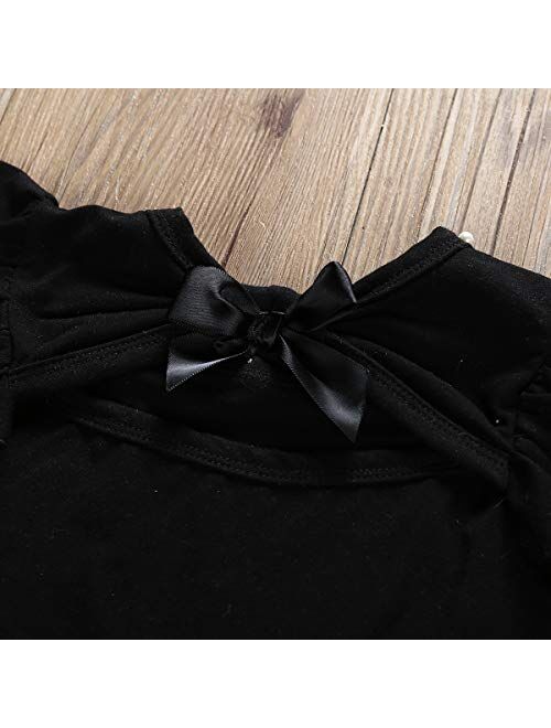 3Pcs Toddler Kids Girls Skirt Set Flare Sleeves Top+Black Striped Skirt Bow Summer Clothes Set