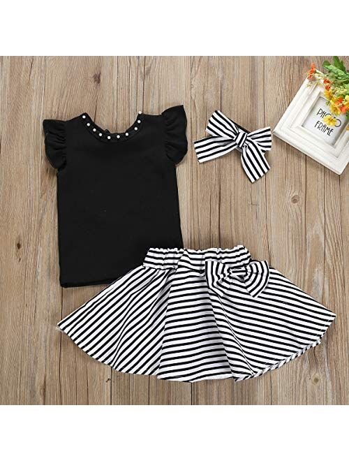 3Pcs Toddler Kids Girls Skirt Set Flare Sleeves Top+Black Striped Skirt Bow Summer Clothes Set