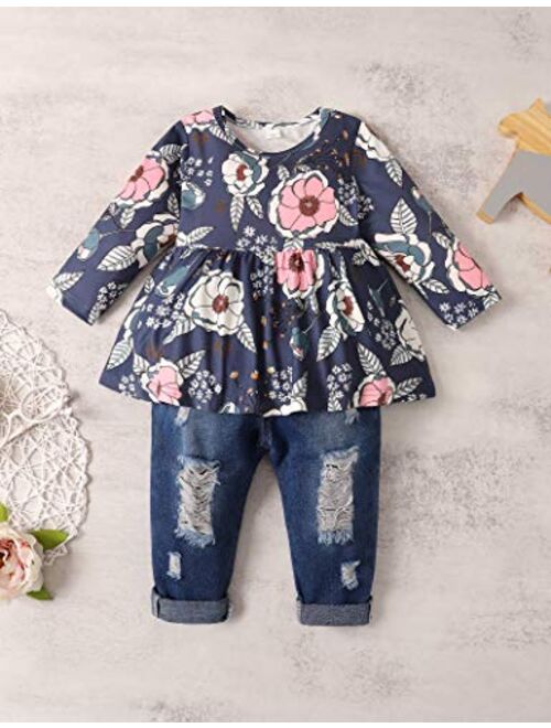 Girls Clothes Outfits Cute Baby Girl Floral Long Sleeve Infant Ripped Jeans Pant Set Flower Ruffle Top