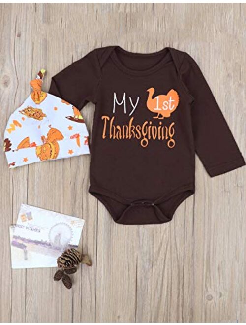 Newborn Baby Girl Boy Thanksgiving Clothes Daddy's Mommy's Little Turkey Romper+Pumpkin Pants + Headband & Hat Outfits Set