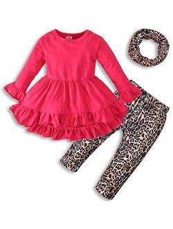 Toddler Girls Fall Outfits Long Sleeve Tunic Dress+Leopard Print Leggings+Scarf