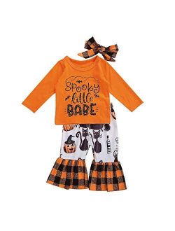 2Pcs Baby Girls Halloween Christmas Clothes Ruffle Tops Long Sleeve T-Shirt + Bell Bottom Pants Plaid Pants Outfits Set