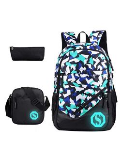 JiaYou Boy Girl Unisex 20L Fashion School Bag Backpack Bookbag with Florescent Mark 2/3 Sets