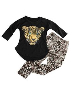 ggudd Girl's Leopard Long Sleeves T-Shirt Tops and Leggings Pants 2 Pieces Clothing Sets for 2-8 Years