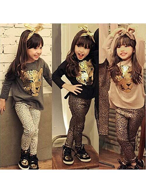 ggudd Girl's Leopard Long Sleeves T-Shirt Tops and Leggings Pants 2 Pieces Clothing Sets for 2-8 Years