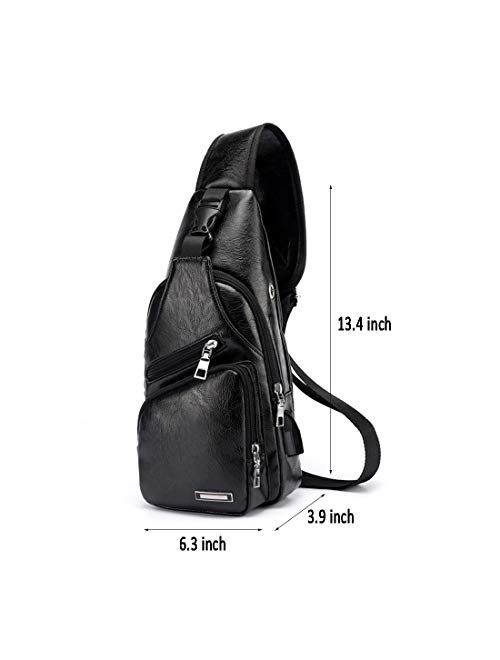 Men's Sling Bag, Business Leather Shoulder Backpacks Campus Travel Crossbody Bag with USB Charging Port