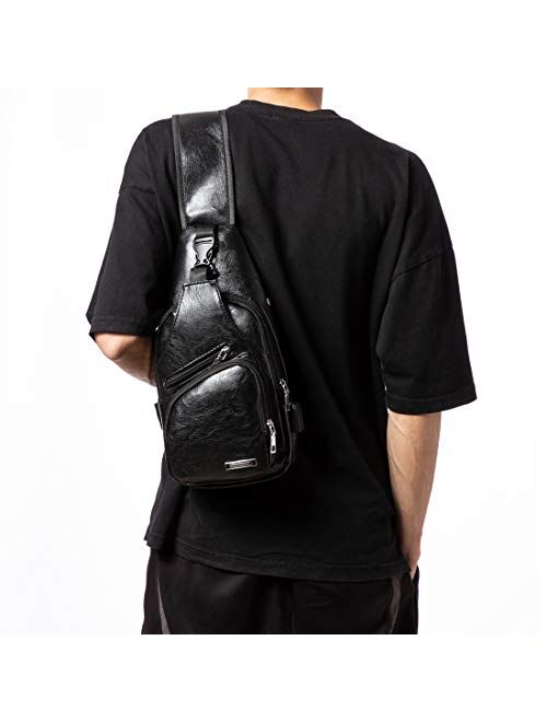 Men's Sling Bag, Business Leather Shoulder Backpacks Campus Travel Crossbody Bag with USB Charging Port