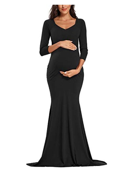 Ecavus Women's Off Shoulder Maternity Dress Slim Cross-Front V Neck Long Sleeve Gowns for Photoshoot