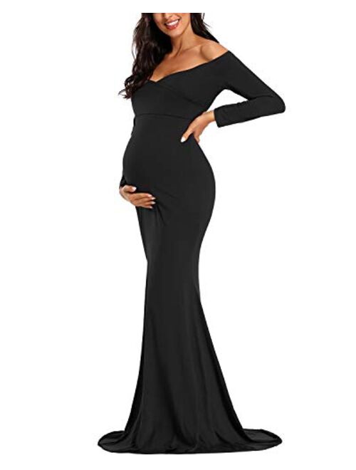 Ecavus Women's Off Shoulder Maternity Dress Slim Cross-Front V Neck Long Sleeve Gowns for Photoshoot