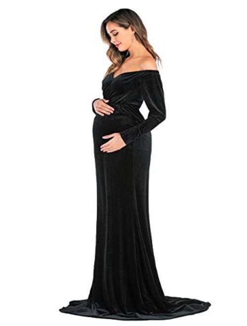 JustVH Velvet Maternity Off Shoulder Half Circle Fitted Gown Maxi Photography Dress for Baby Shower Photo Props Dress