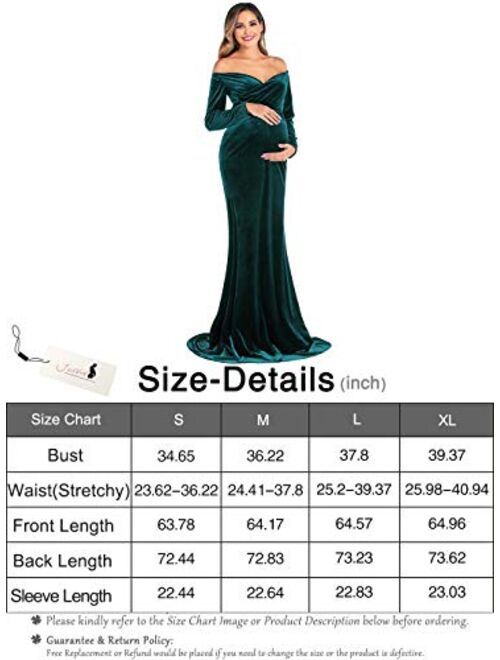 JustVH Velvet Maternity Off Shoulder Half Circle Fitted Gown Maxi Photography Dress for Baby Shower Photo Props Dress