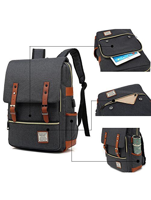UGRACE Vintage Laptop Backpack Slim School Bag Travelling Backpacks with USB Charging Port for Men Women