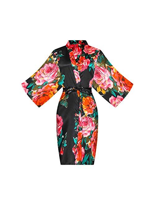 ALHAVONE Women's Rose Flowers Silky Satin Short Kimono Robe for Wedding Getting Ready